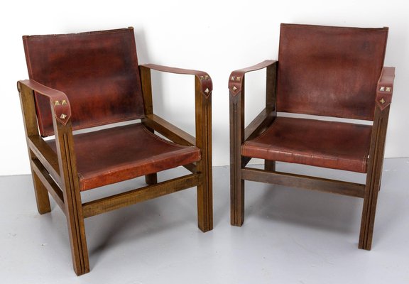 French Safari Style Chairs in Leather and Beech, 1940, Set of 2-RIU-1427415