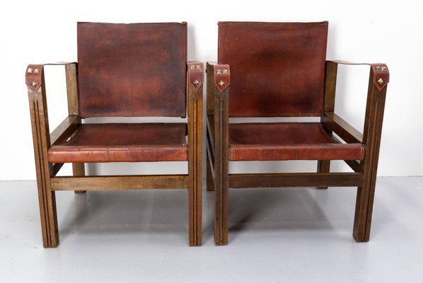 French Safari Style Chairs in Leather and Beech, 1940, Set of 2-RIU-1427415