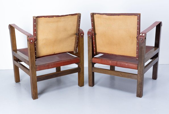 French Safari Style Chairs in Leather and Beech, 1940, Set of 2-RIU-1427415