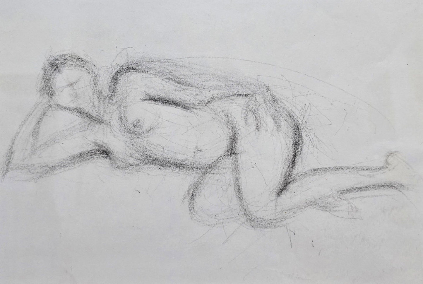 French School Artist, Feminine Figure, Charcoal Drawing, 1970s