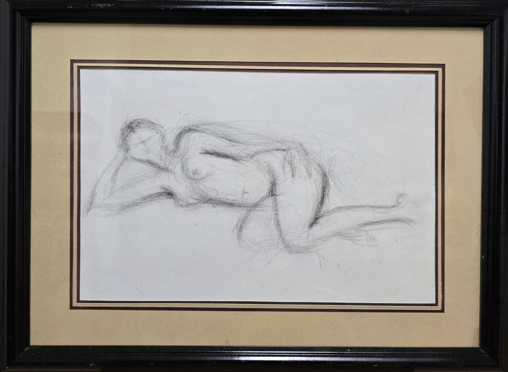 French School Artist, Feminine Figure, Charcoal Drawing, 1970s