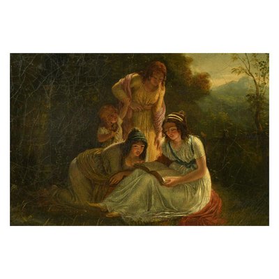 French School Artist, Reading in the Woods, Late 18th Century, Oil Painting, Framed-NQ-706104