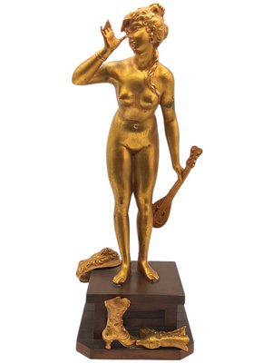 French Sculpture of a Parisine, Bronze with Wood Stand-TCS-1145121