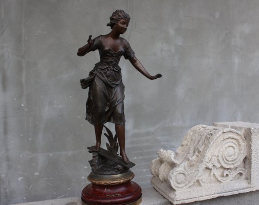 French Sculpture of Girl on Wood Base by Ernest Rancoulet-UWJ-1171941