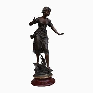 French Sculpture of Girl on Wood Base by Ernest Rancoulet-UWJ-1171941