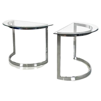 French Semicircular Consoles in Chromed Steel and Bellied Glass, 1970s, Set of 2-GDD-1746702