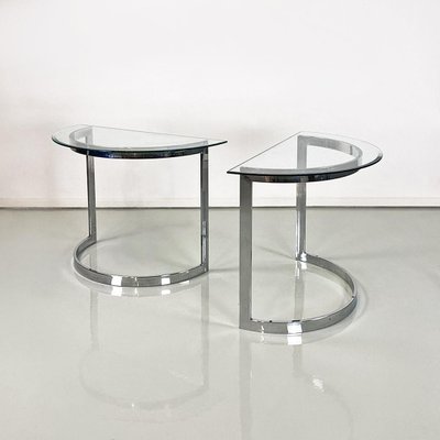 French Semicircular Consoles in Chromed Steel and Bellied Glass, 1970s, Set of 2-GDD-1746702