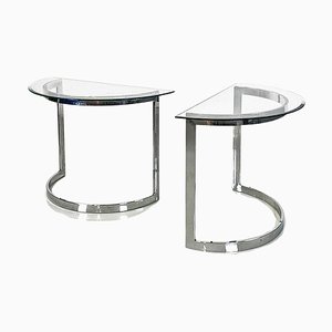 French Semicircular Consoles in Chromed Steel and Bellied Glass, 1970s, Set of 2-GDD-1746702