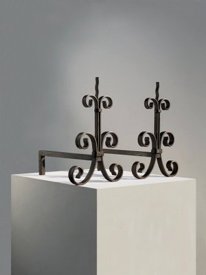 French Shabby-Chic Neoclassical Wrought Iron Andirons, 1930, Set of 2-NLF-2020231