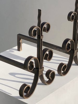 French Shabby-Chic Neoclassical Wrought Iron Andirons, 1930, Set of 2-NLF-2020231