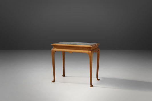 French Side Table in Beech with Lace Inlay and Glass Top, 1950s