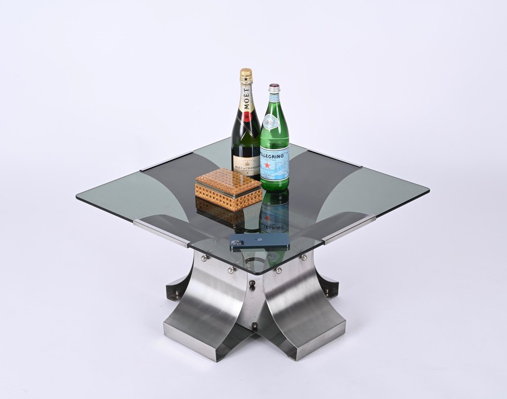 French Smoked Glass and Steel Squared Coffee Table by Francois Monnet, 1970s