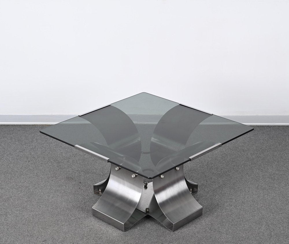 French Smoked Glass and Steel Squared Coffee Table by Francois Monnet, 1970s