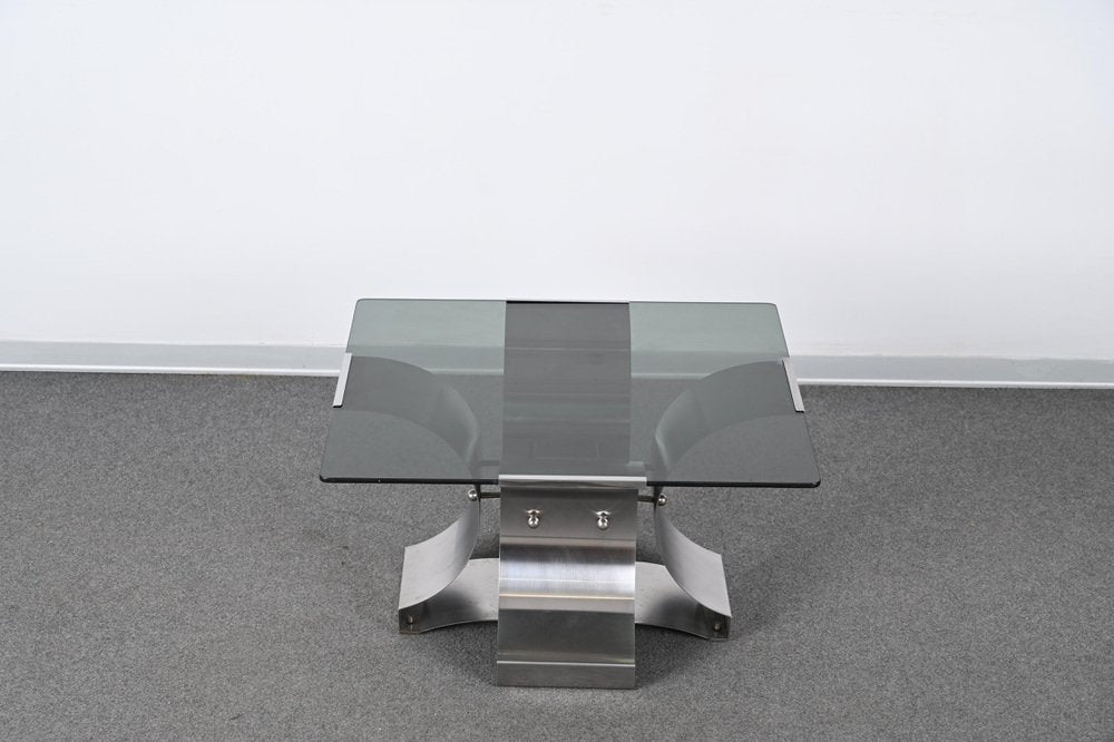 French Smoked Glass and Steel Squared Coffee Table by Francois Monnet, 1970s