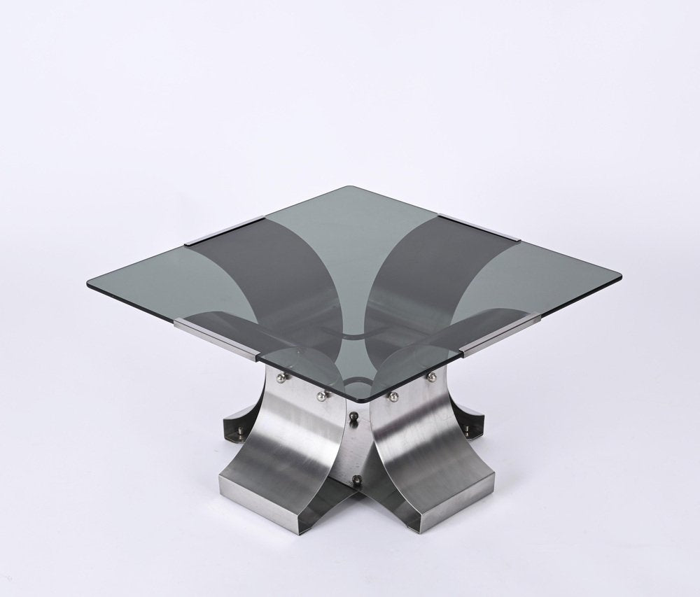 French Smoked Glass and Steel Squared Coffee Table by Francois Monnet, 1970s