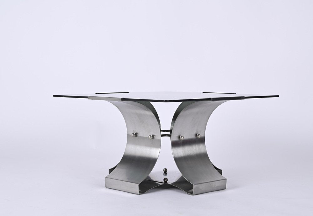 French Smoked Glass and Steel Squared Coffee Table by Francois Monnet, 1970s