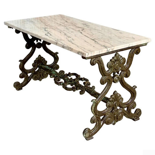 French Solid Cast Iron Scrolling Butterfly Coffee Table with Marble Top