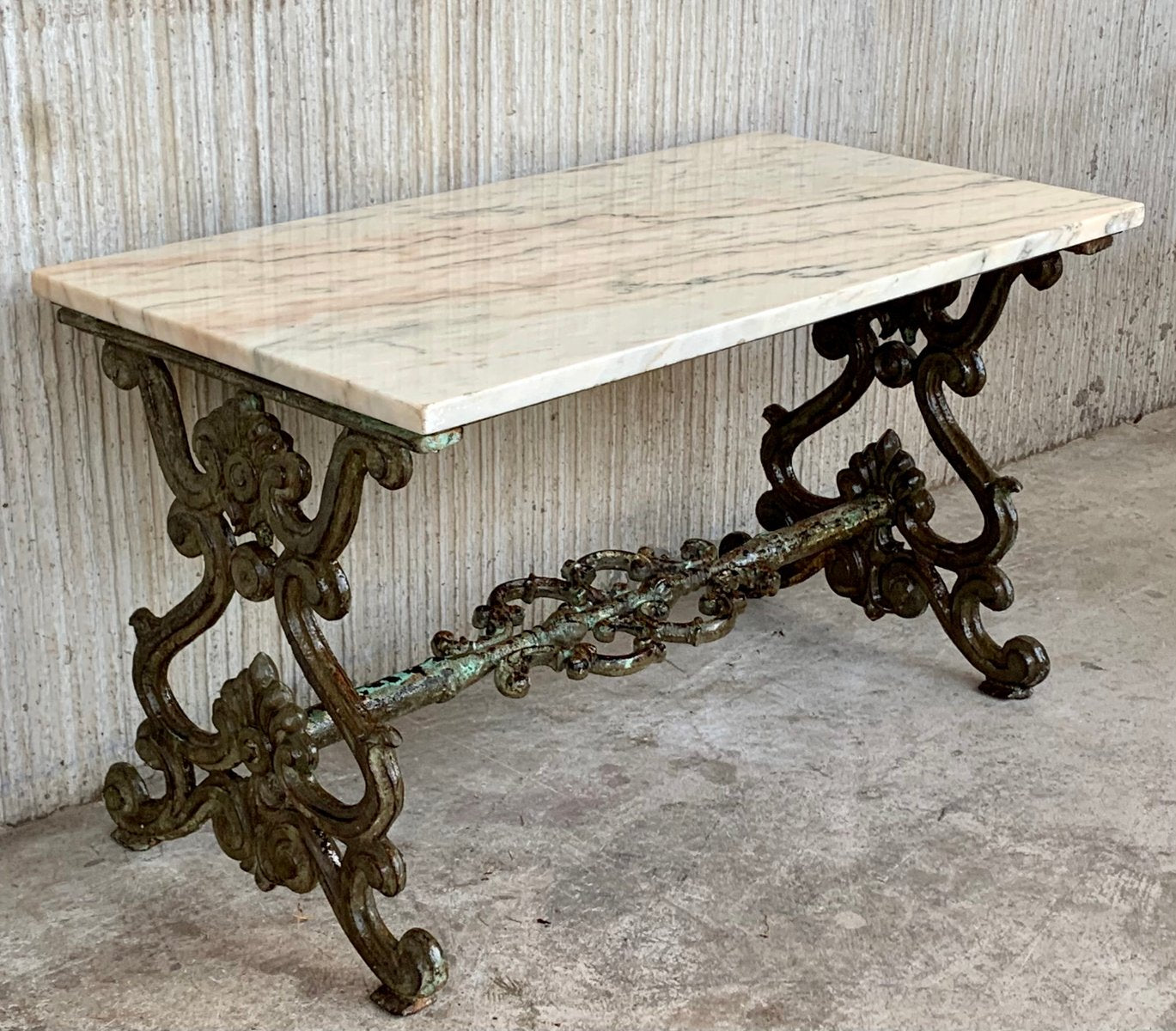 French Solid Cast Iron Scrolling Butterfly Coffee Table with Marble Top