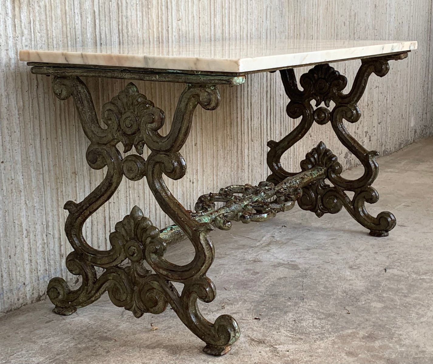 French Solid Cast Iron Scrolling Butterfly Coffee Table with Marble Top