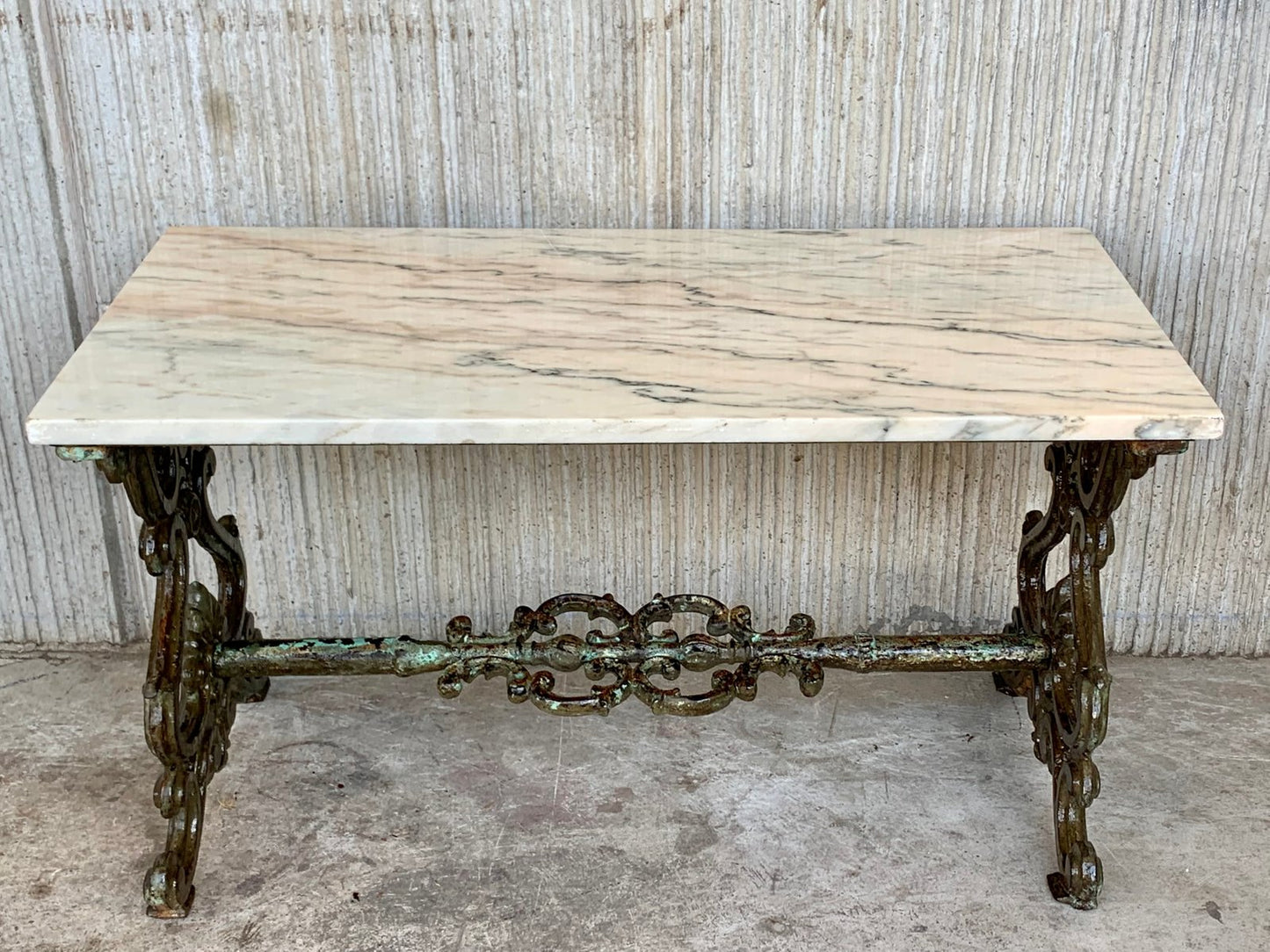 French Solid Cast Iron Scrolling Butterfly Coffee Table with Marble Top