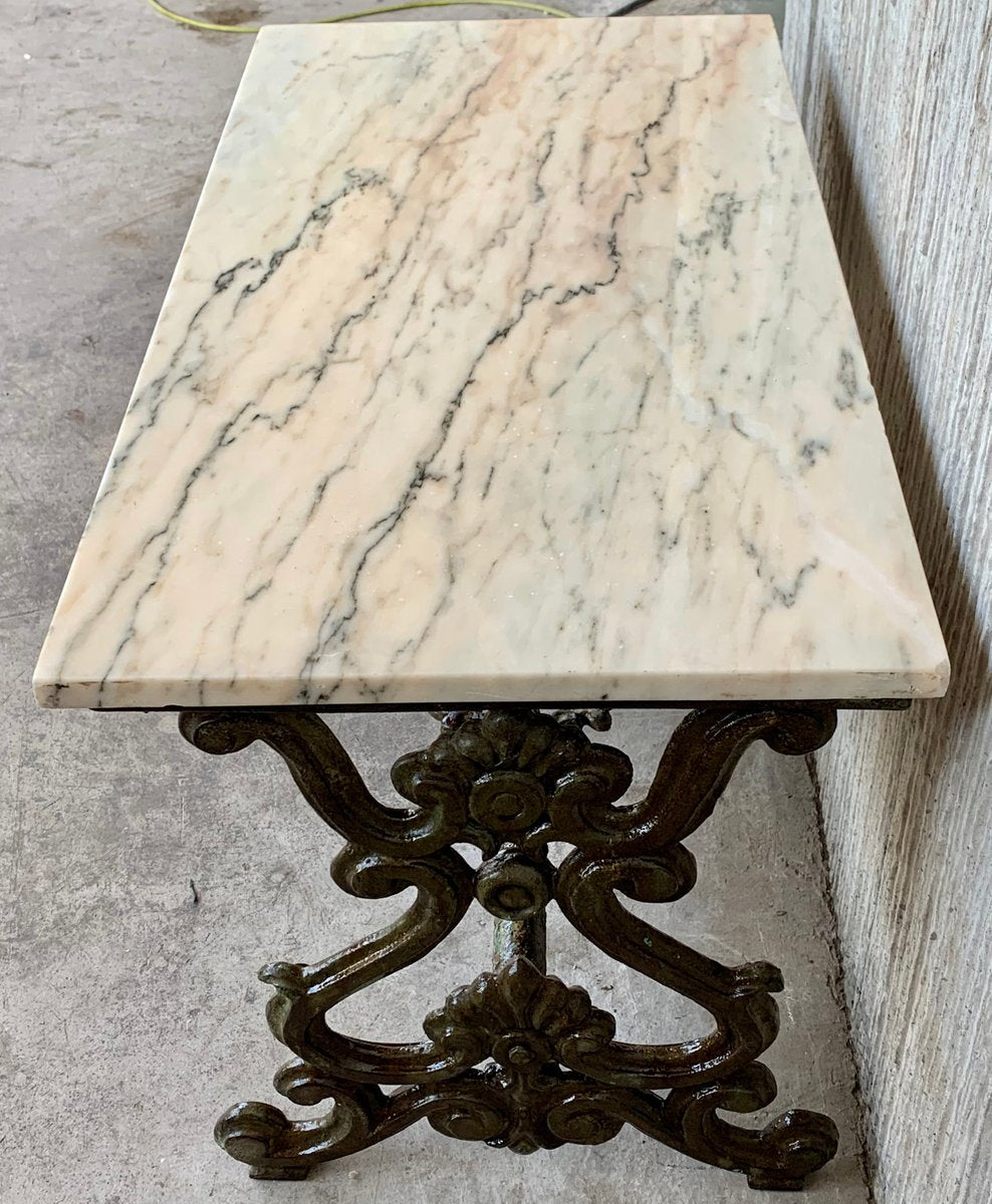 French Solid Cast Iron Scrolling Butterfly Coffee Table with Marble Top