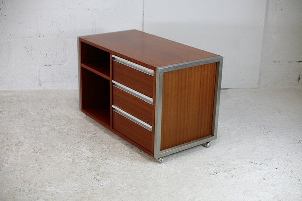 French Solid Wood Polished Steel Storage Cabinet from Henri Lewser & Claude Gaillard, 1970s-MAO-1209437