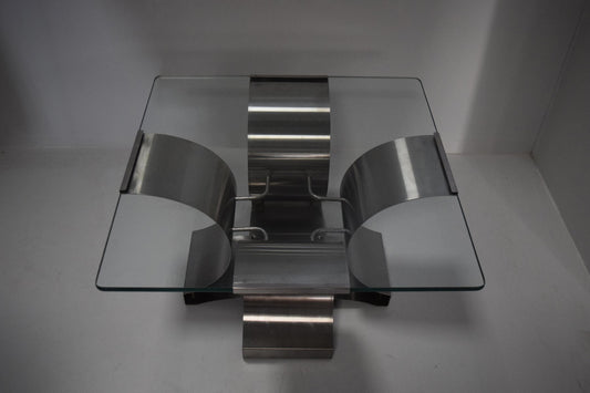 French Steel and Glass Coffee Table by François Monnet, 1970s