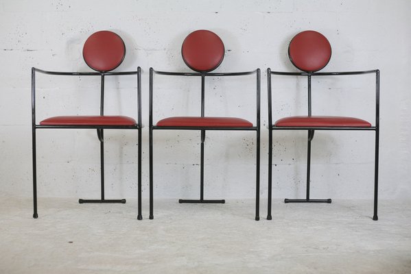 French Steel and Leather Armchairs, 1980s, Set of 3-MAO-1109584