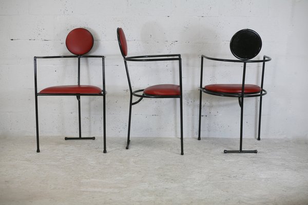 French Steel and Leather Armchairs, 1980s, Set of 3-MAO-1109584