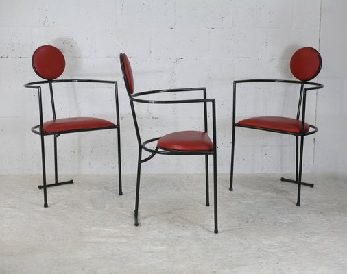 French Steel and Leather Armchairs, 1980s, Set of 3-MAO-1109584