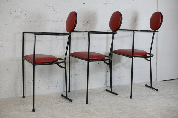 French Steel and Leather Armchairs, 1980s, Set of 3-MAO-1109584