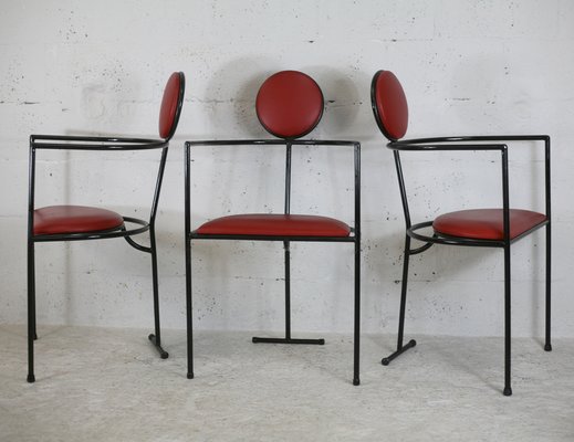 French Steel and Leather Armchairs, 1980s, Set of 3-MAO-1109584