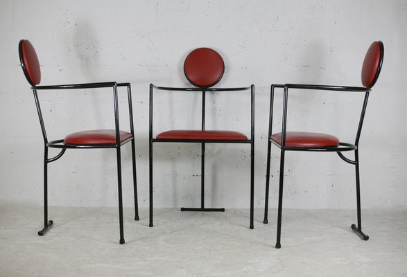 French Steel and Leather Armchairs, 1980s, Set of 3-MAO-1109584