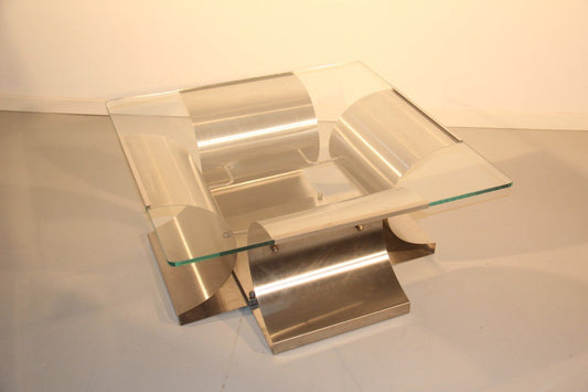 French Steel & Glass Coffee Table by Francois Monnet, 1970