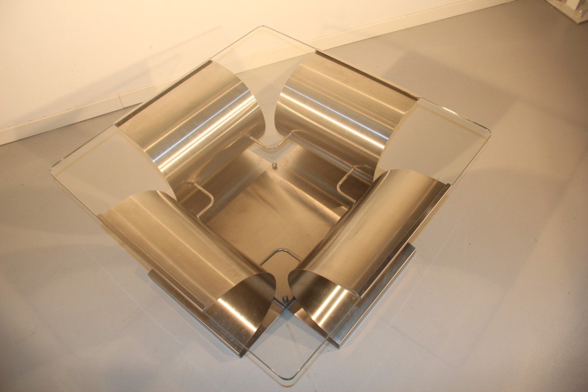 French Steel & Glass Coffee Table by Francois Monnet, 1970