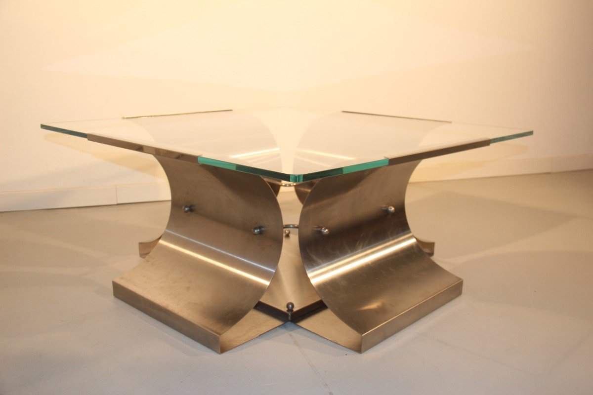 French Steel & Glass Coffee Table by Francois Monnet, 1970