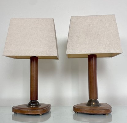 French Stitched Leather and Brass Table Lamps, 1960s, Set of 2-WZZ-1008679