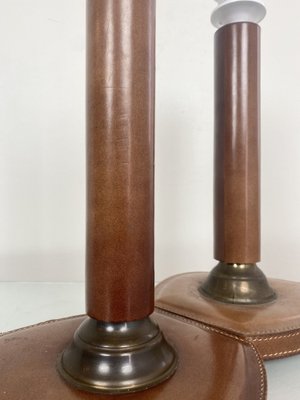 French Stitched Leather and Brass Table Lamps, 1960s, Set of 2-WZZ-1008679