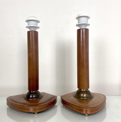 French Stitched Leather and Brass Table Lamps, 1960s, Set of 2-WZZ-1008679