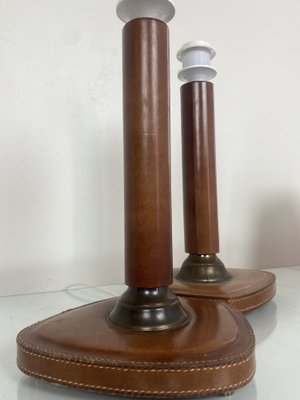 French Stitched Leather and Brass Table Lamps, 1960s, Set of 2-WZZ-1008679