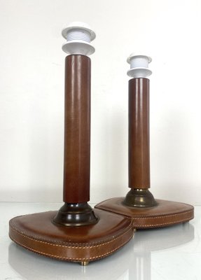 French Stitched Leather and Brass Table Lamps, 1960s, Set of 2-WZZ-1008679