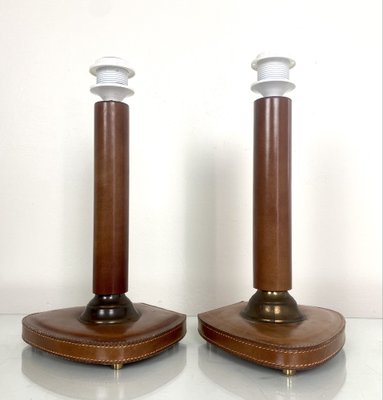 French Stitched Leather and Brass Table Lamps, 1960s, Set of 2-WZZ-1008679