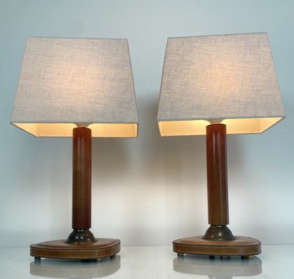 French Stitched Leather and Brass Table Lamps, 1960s, Set of 2-WZZ-1008679