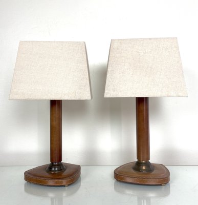 French Stitched Leather and Brass Table Lamps, 1960s, Set of 2-WZZ-1008679