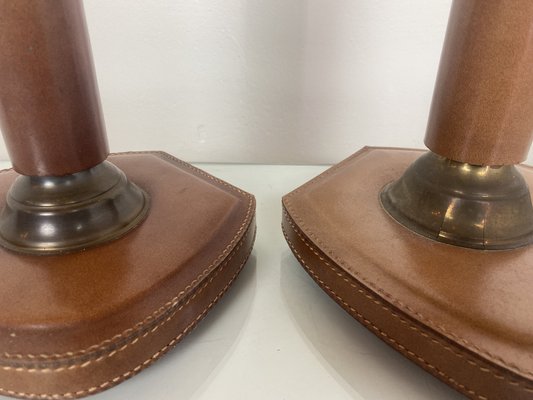 French Stitched Leather and Brass Table Lamps, 1960s, Set of 2-WZZ-1008679