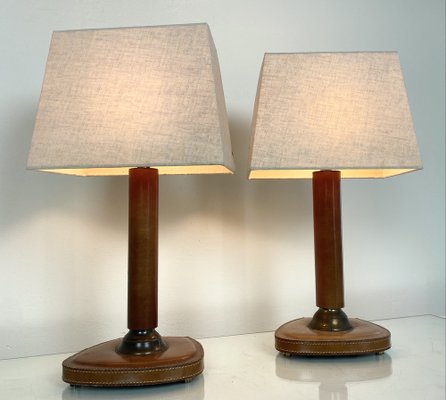 French Stitched Leather and Brass Table Lamps, 1960s, Set of 2-WZZ-1008679