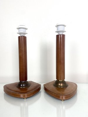 French Stitched Leather and Brass Table Lamps, 1960s, Set of 2-WZZ-1008679