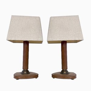 French Stitched Leather and Brass Table Lamps, 1960s, Set of 2-WZZ-1008679