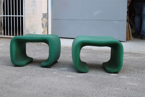 French Stools with Green Fabric, 1970s, Set of 2-EH-1728759