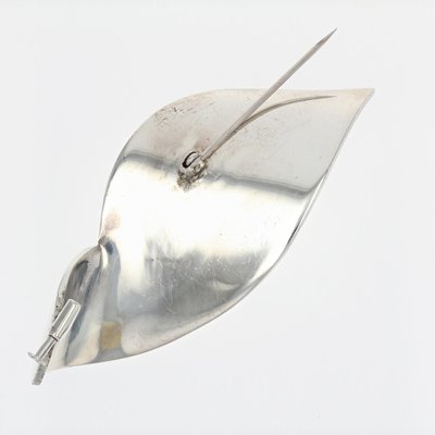 French Stylized Leaf Silver Brooch, 1970s-OLU-1403627